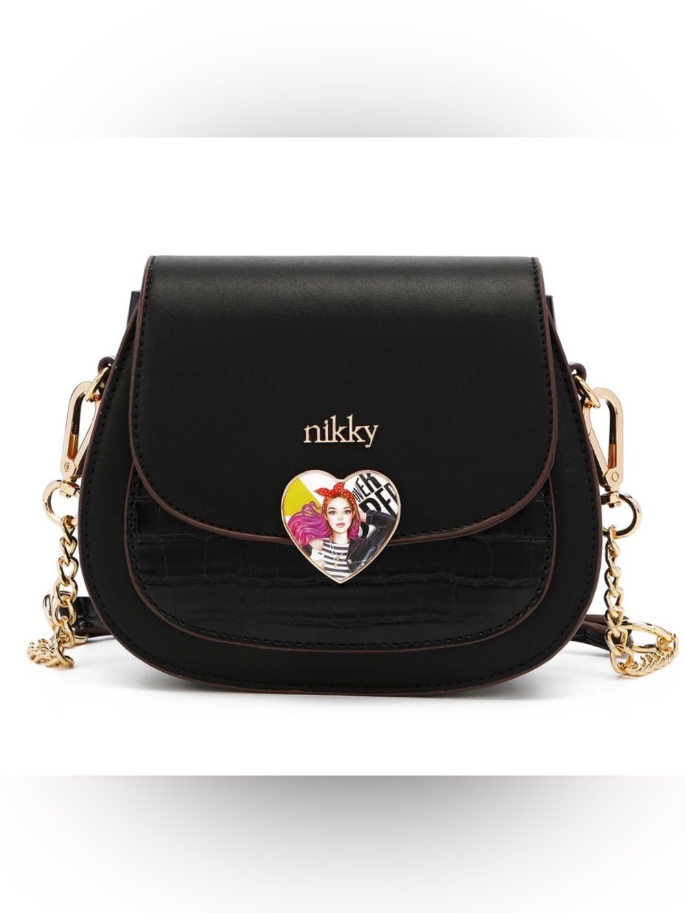 Nikky Heart Colorblock Saddle Crossbody Bag Purse Black Polka Dot Gold Hardware